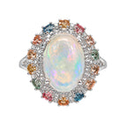 Anillo Piedras Preciosas Ópalo Etiope con Citrino, Turmalinas, Zafiro y Circonias Blancas , Plata .925 con Baño de Rodio
