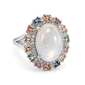 Anillo Piedras Preciosas Ópalo Etiope con Citrino, Turmalinas, Zafiro y Circonias Blancas , Plata .925 con Baño de Rodio