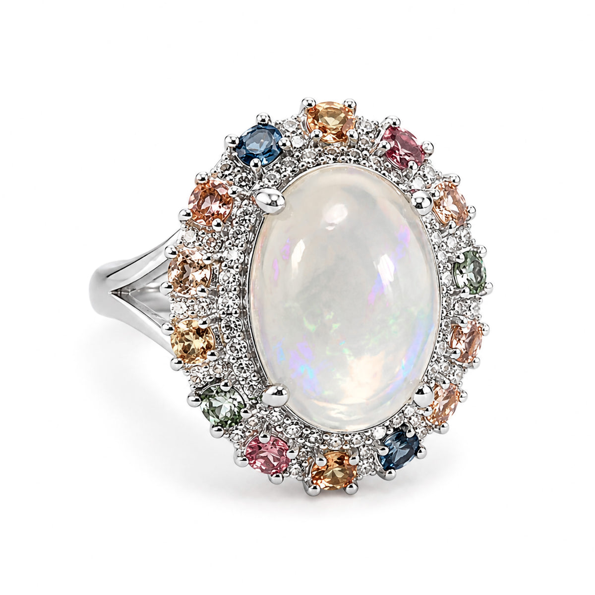 Anillo Piedras Preciosas Ópalo con Citrino, Peridoto y Zafiro y Circonias, Plata .925 con Rodio