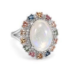 Anillo Piedras Preciosas Ópalo con Citrino, Peridoto y Zafiro y Circonias, Plata .925 con Rodio