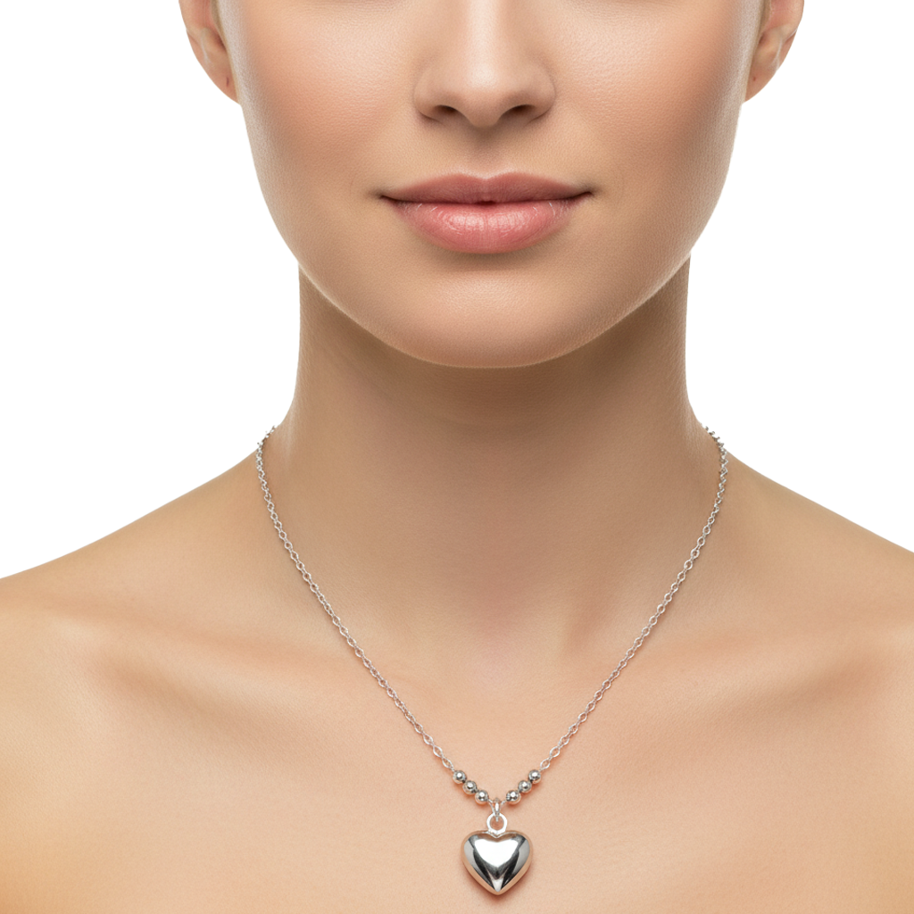 Collar Corazon Bombeado Chico Con Bolitas Diamantadas Plata .925