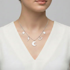 Collar Dijes Colgantes Lisos de Luna, Estrella, Saturno y Rayo Plata .925