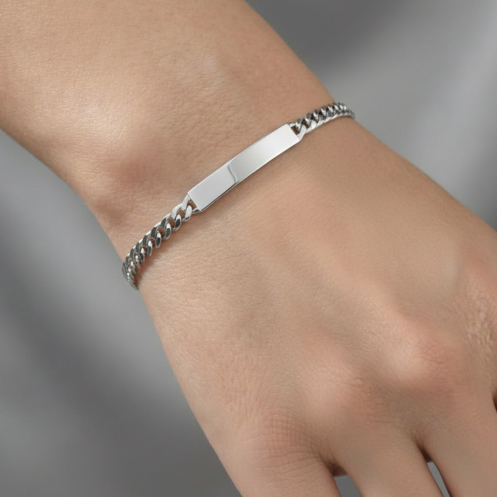Pulsera Esclava Placa Lisa 22 cm 6 mm con Cadena Cubana Diamantada Plata .925