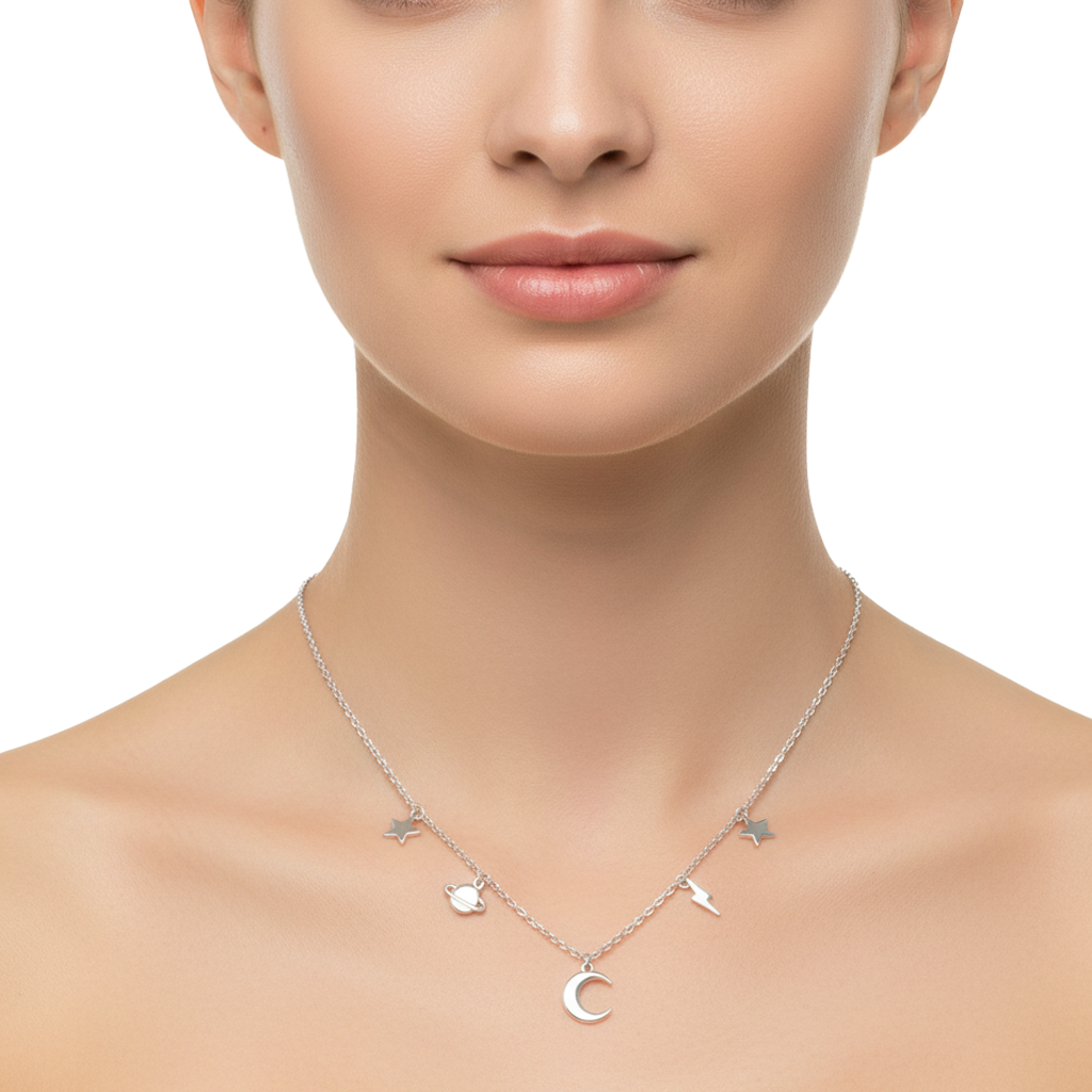 Collar Dijes Colgantes Lisos de Luna, Estrella, Saturno y Rayo Plata .925