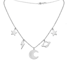 Collar Dijes Colgantes Lisos de Luna, Estrella, Saturno y Rayo Plata .925