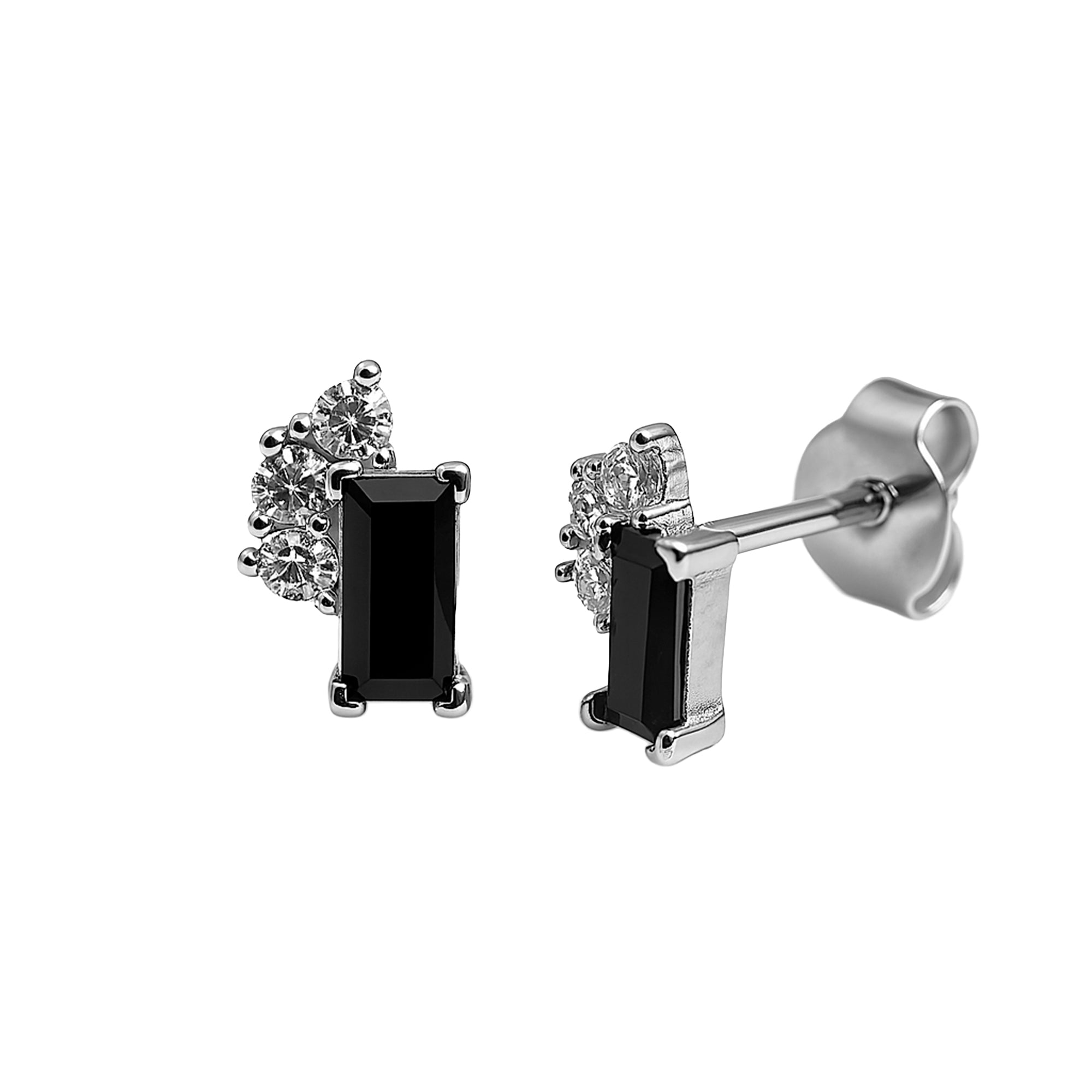 Arete Broquel Rectangulo Circonia Baguette con 3 Circonias Redondas Plata .925 con Baño de Rodio