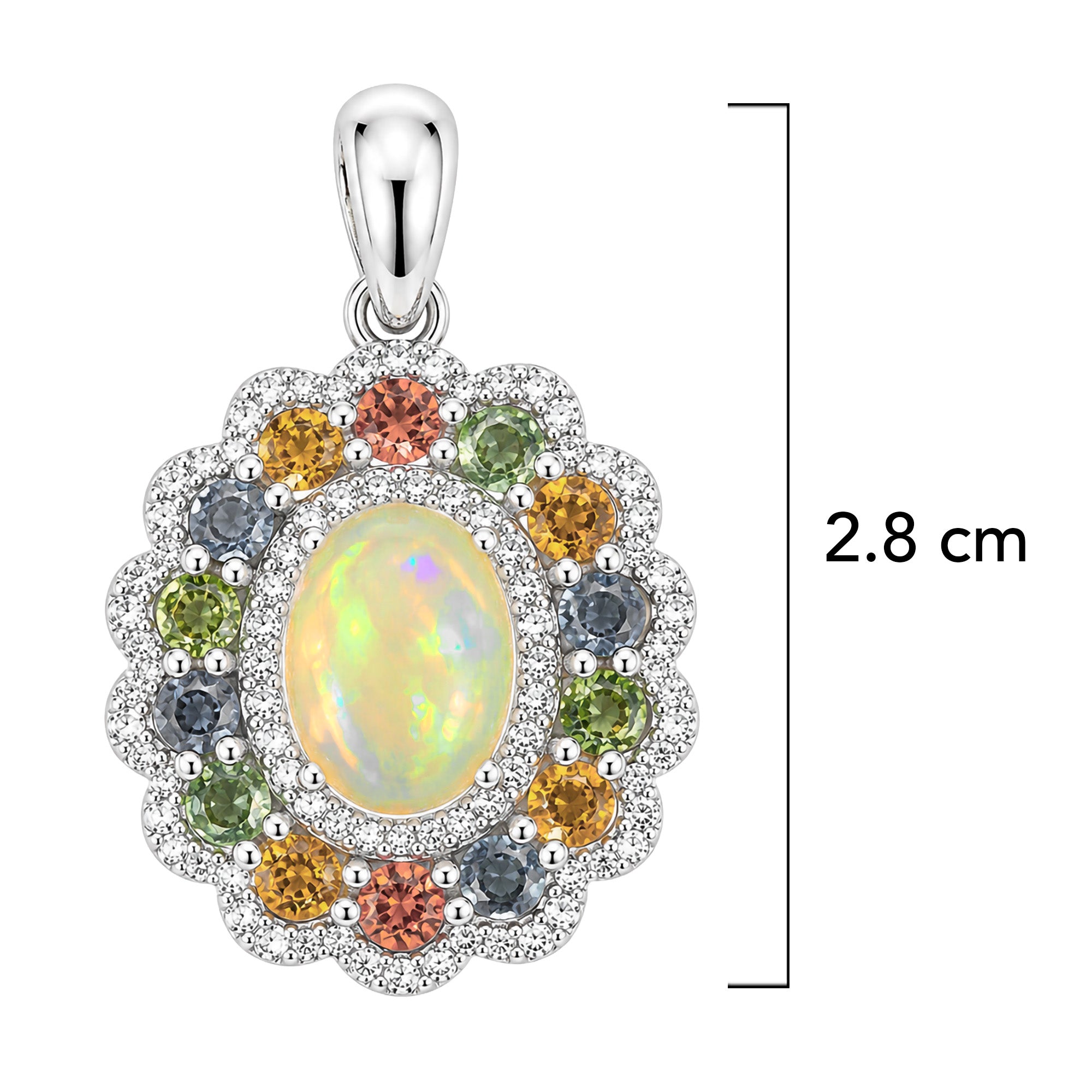Dije Piedras Preciosas Maxi Flor Ópalo de Etiopía con Citrino, Peridot, Turmalina, Zafiro y Circonias Blancas, Plata .925 con Baño de Rodio.