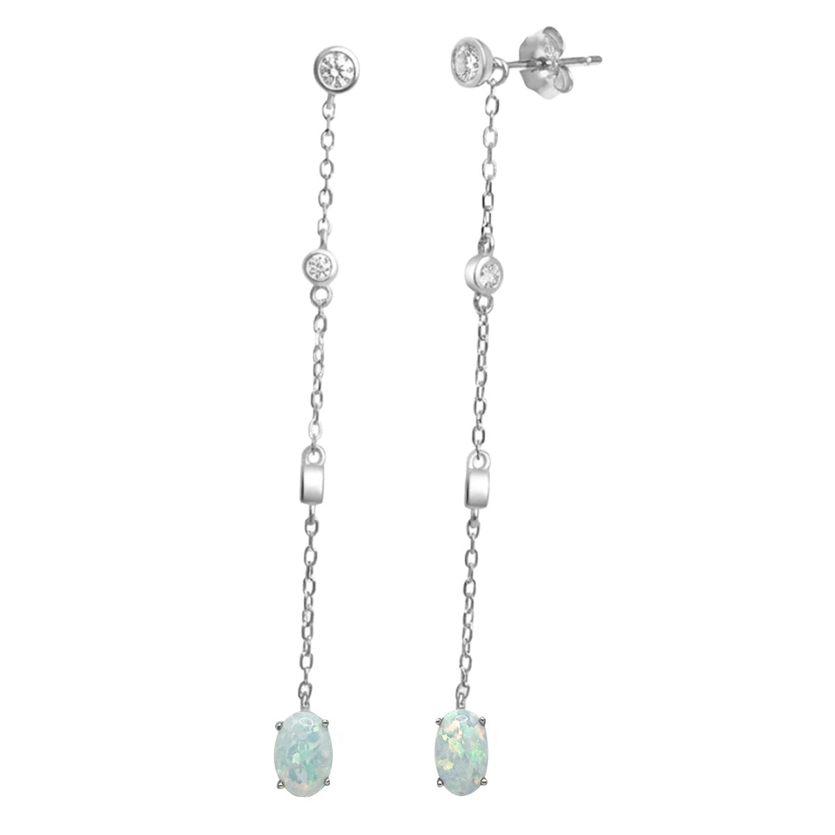 Arete Largo con Piedra Ópalo y Circonias Plata .925 con Baño de Rodio
