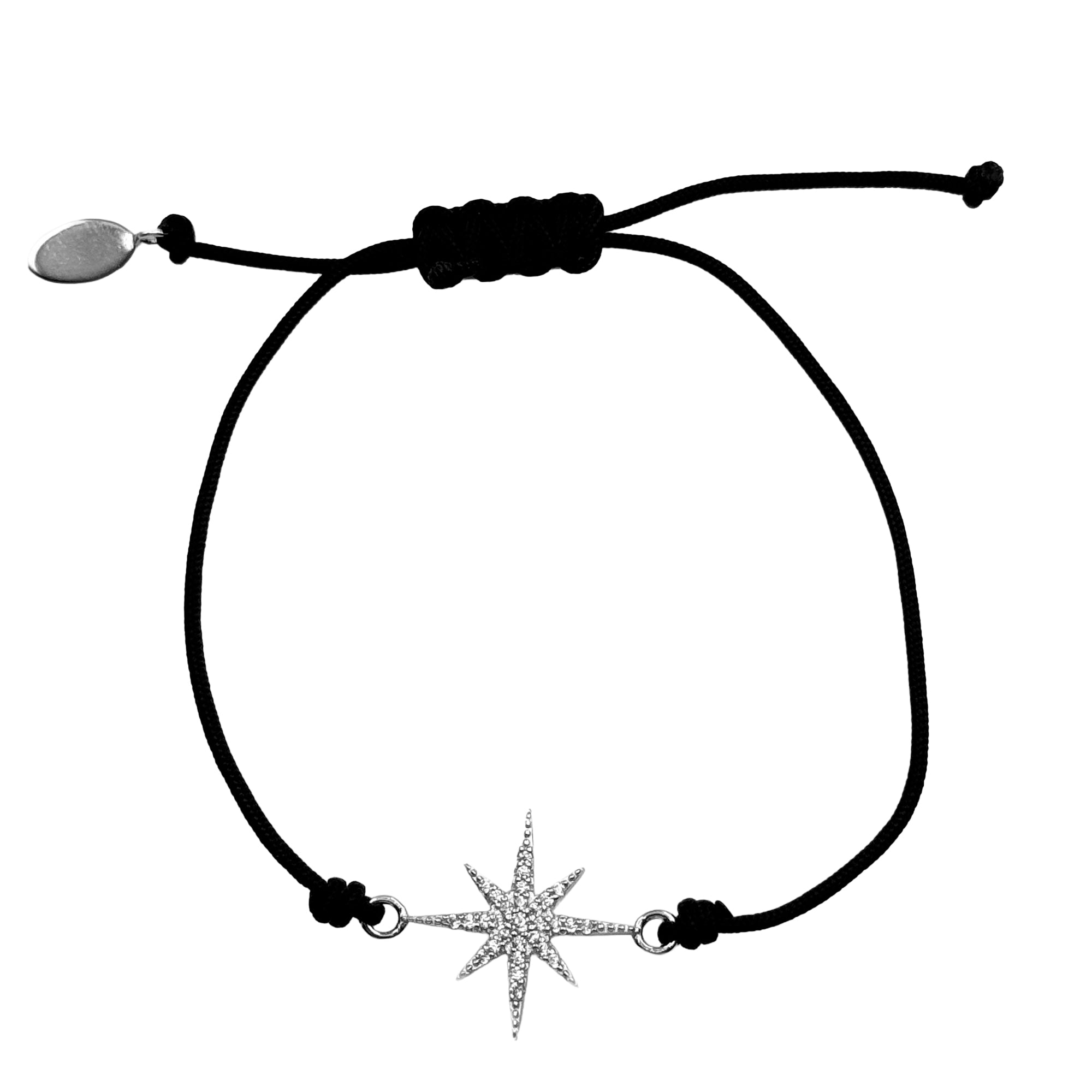 Pulsera Ajustable de Hilo Negro con Estrella de Micro Circonias Plata .925 con Baño de Rodio