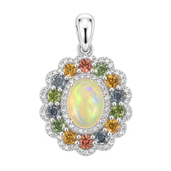 Dije Piedras Preciosas Maxi Flor Ópalo de Etiopía con Citrino, Peridot, Turmalina, Zafiro y Circonias Blancas, Plata .925 con Baño de Rodio.