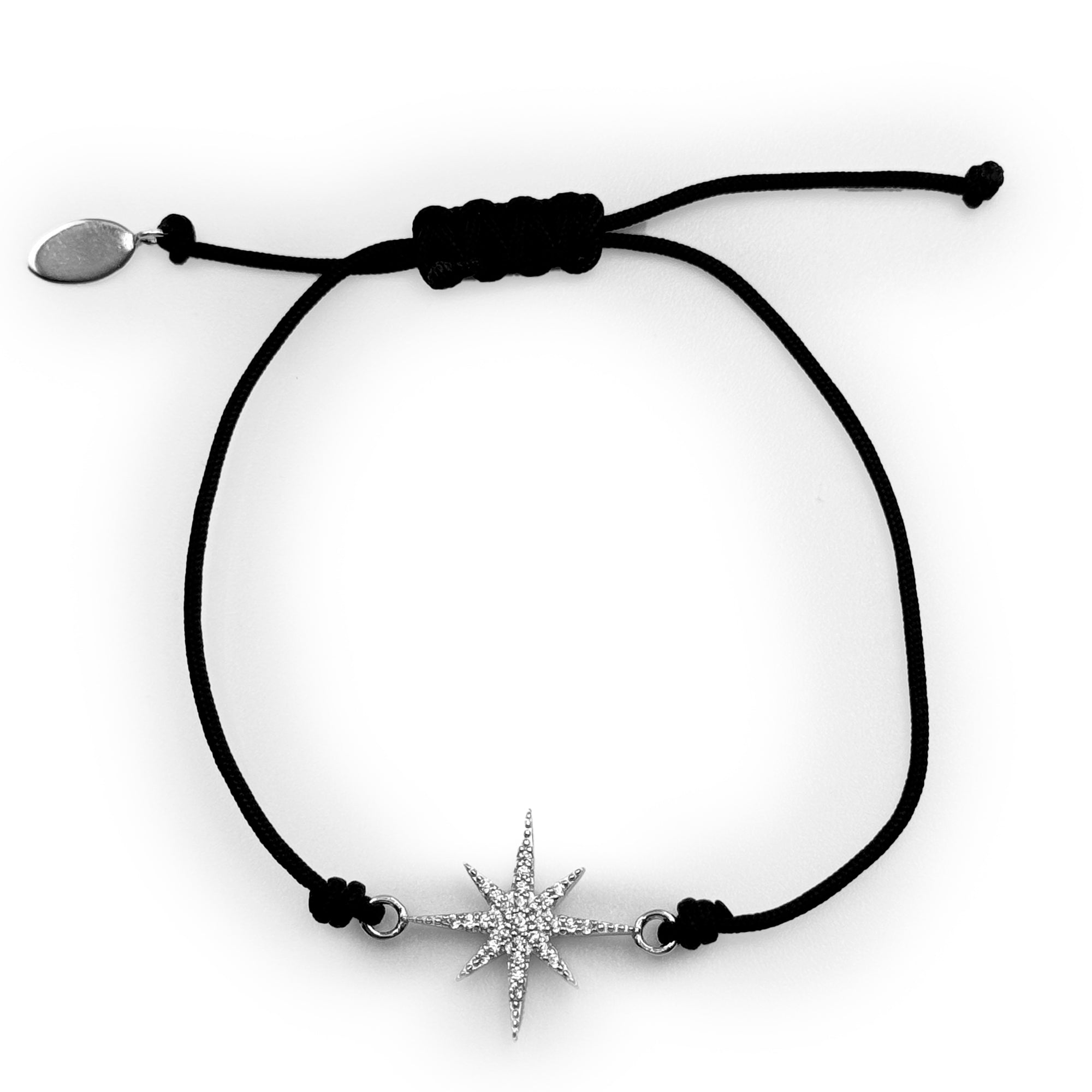Pulsera Ajustable de Hilo Negro con Estrella de Micro Circonias Plata .925 con Rodio