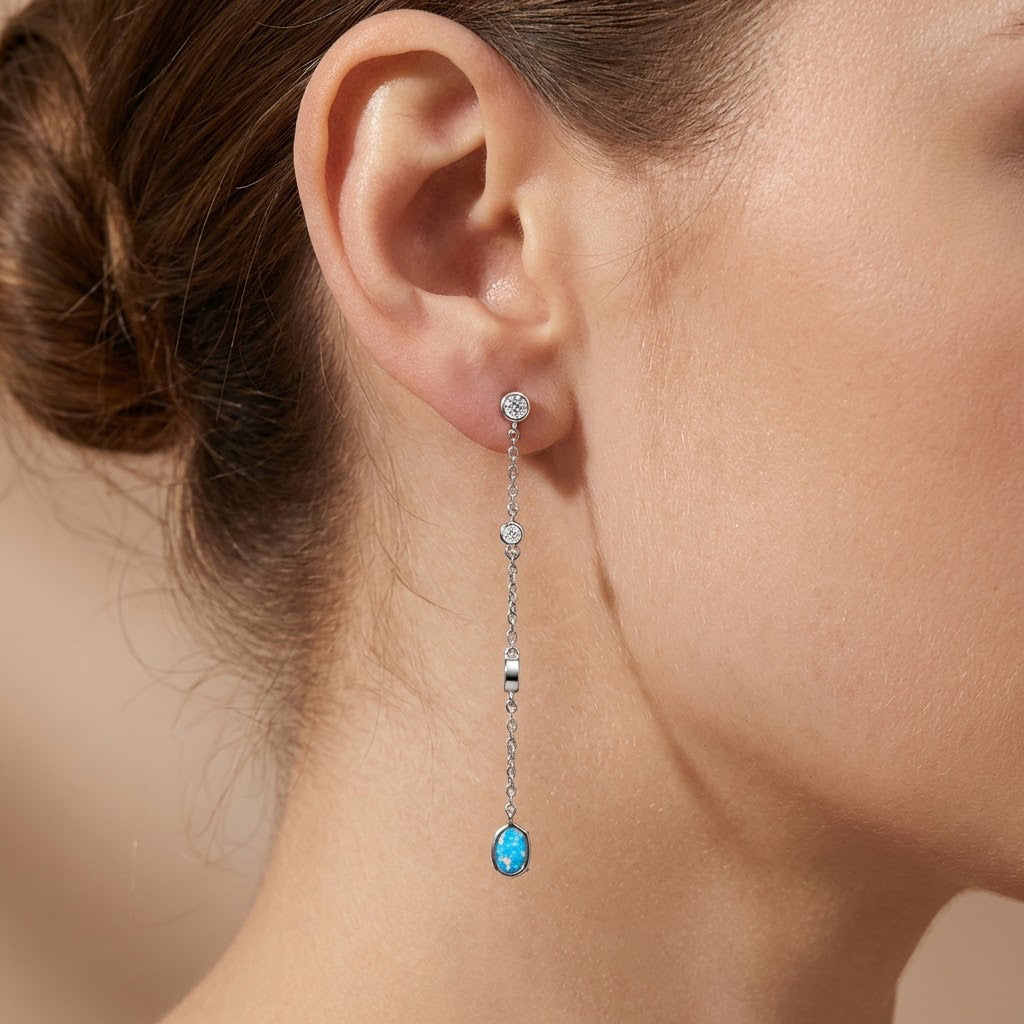 Arete Largo con Piedra Ópalo y Circonias Plata .925 con Rodio