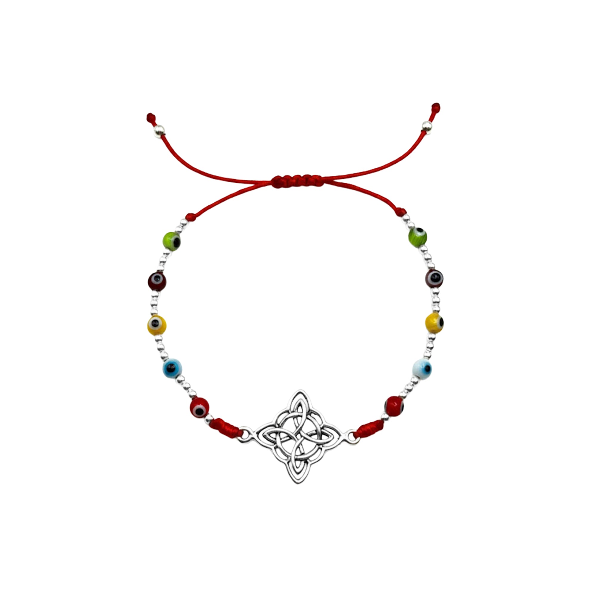 Pulsera Ajustable de Hilo Rojo con Nudo de Bruja y Ojo Turco de Colores Plata .925