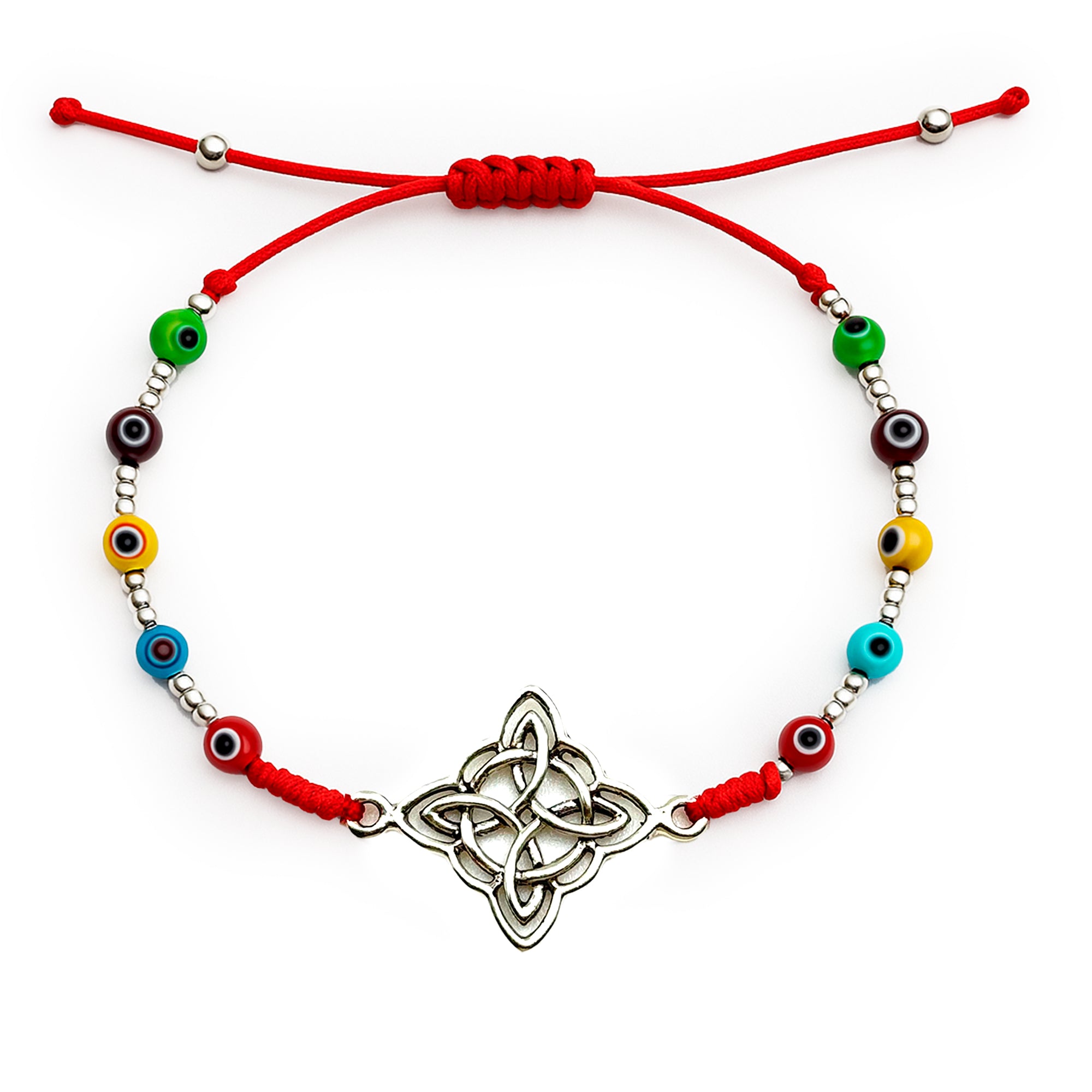 Pulsera Ajustable de Hilo Rojo con Nudo de Bruja y Ojo Turco de Colores Plata .925