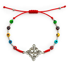 Pulsera Ajustable de Hilo Rojo con Nudo de Bruja y Ojo Turco de Colores Plata .925