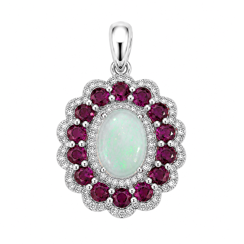 Dije Piedras Preciosas Maxi Flor Ópalo de Etiopía con Rubí, Plata .925 con Baño de Rodio