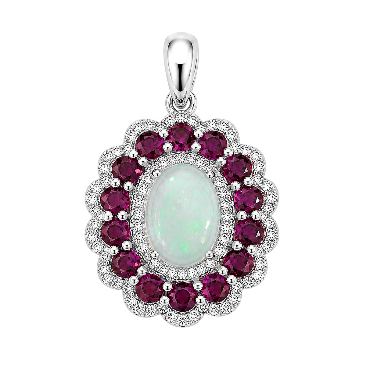 Dije Piedras Preciosas Maxi Flor Ópalo de Etiopía con Rubí, Plata .925 con Baño de Rodio