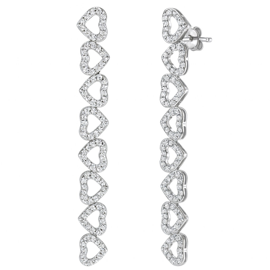 Arete Largo Corazones con Micro Circonias Plata .925 con Baño de Rodio