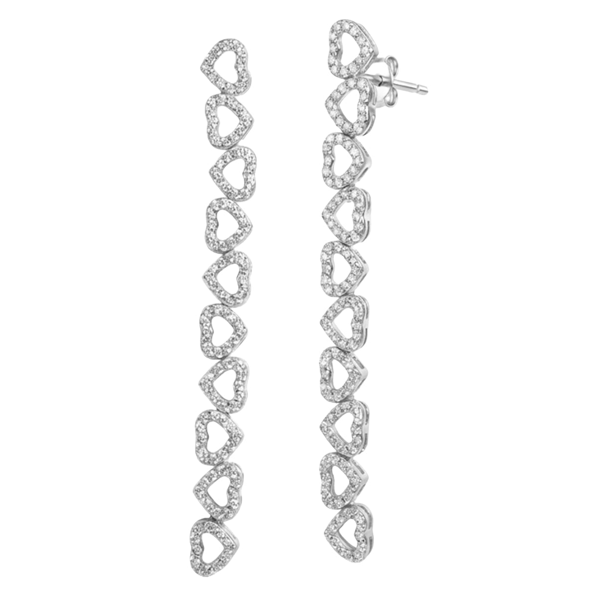 Arete Largo De Corazones Con Circonias  Plata .925 Con Baño De Rodio