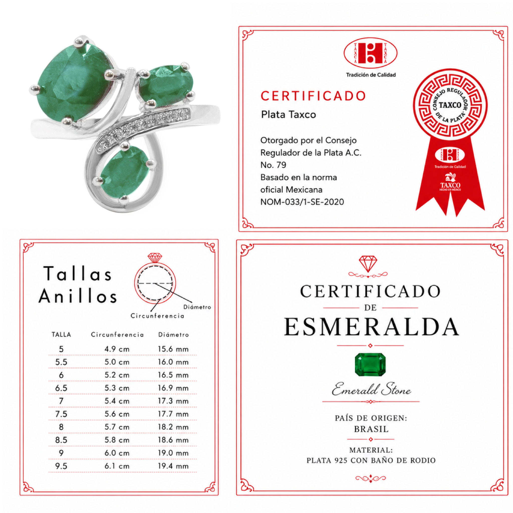 Anillo Piedras Preciosas 3 Esmeraldas y Línea de Circonias, Plata .925 con Baño de Rodio
