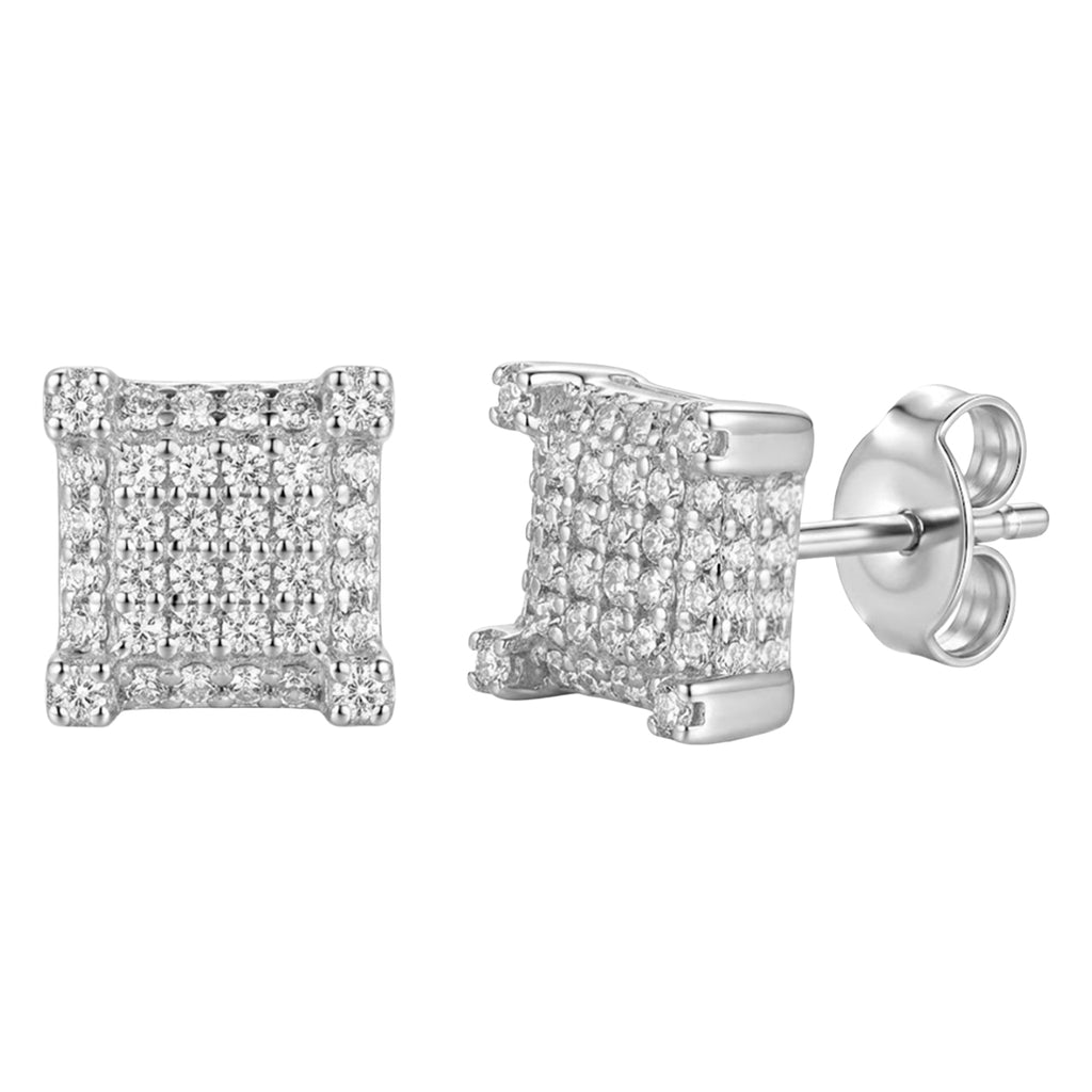 Arete Broquel Cubo Micro Circonias Plata .925 con Baño de Rodio