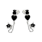 Arete Largos Osos 1.1 Con Corazón y Estrellas Piedra Onix, Plata 925 Con Baño de Rodio