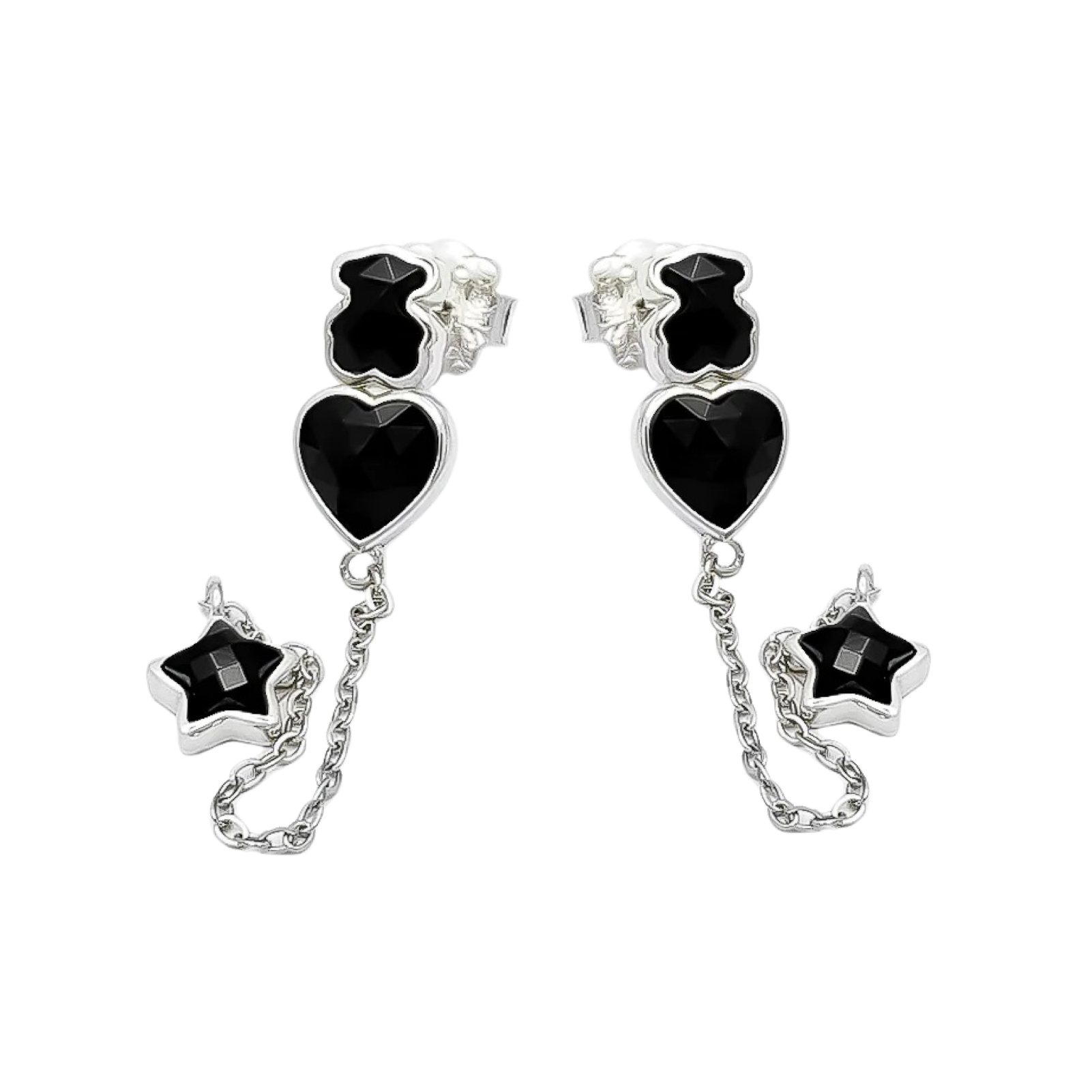 Arete Largos Osos 1.1 Con Corazón y Estrellas Piedra Onix, Plata 925 Con Baño de Rodio