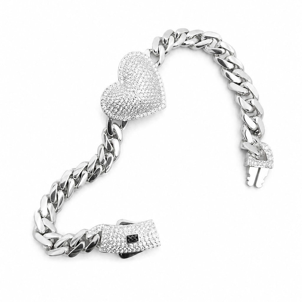 Pulsera Inspirada Mónaco 18cm Corazón Bombeado con Circonias y Cadena Cubana Plata .925 con Baño de Rodio
