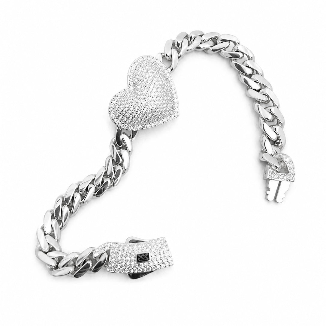 Pulsera Inspirada Mónaco 18cm Corazón Bombeado con Circonias y Cadena Cubana Plata .925 con Baño de Rodio