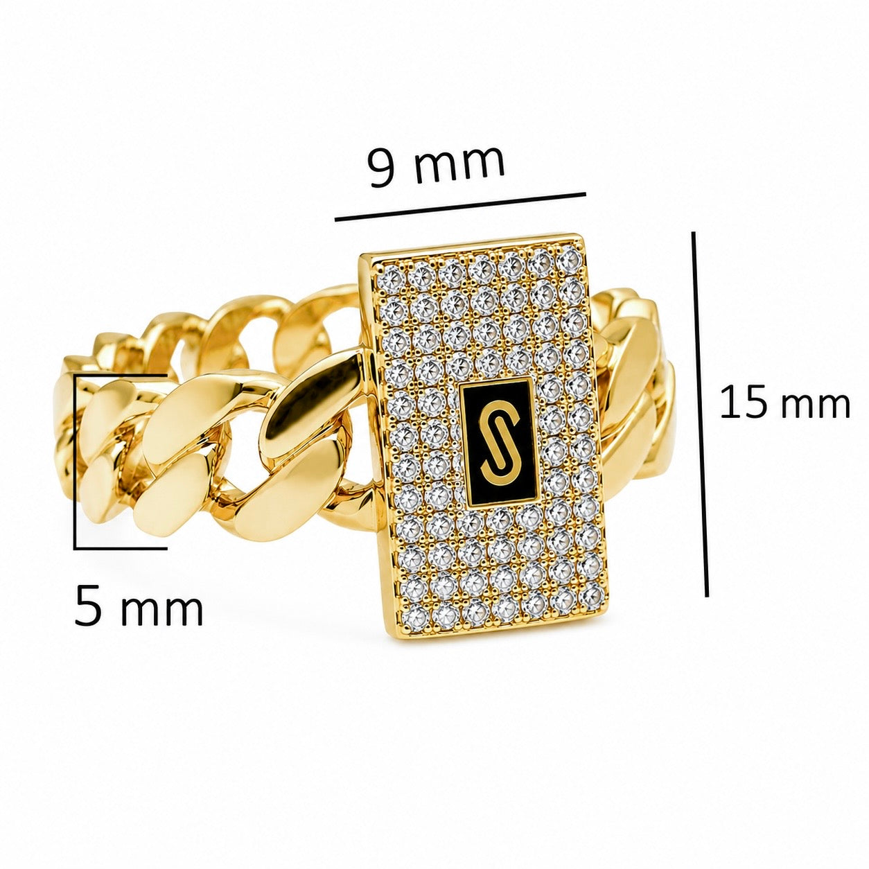 Anillo Mónaco Chain Original Cadena Cubana con Rectángulo Circonias, Oro 14K