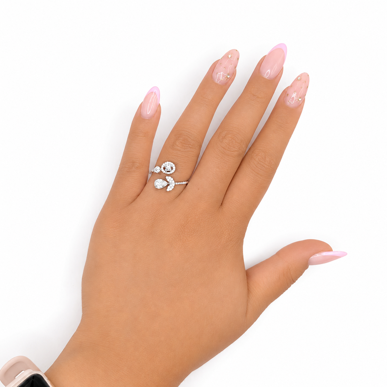 Anillo Flor Ajustable Con Micro Circonias  Plata .925 Con Baño De Rodio