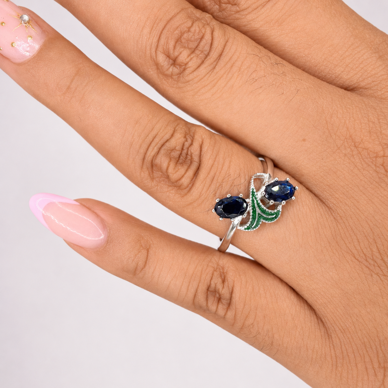 Anillo Circonia Azul Marino Con Esmalte Plata .925 Con Baño De Rodio