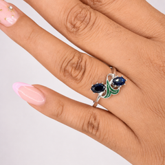 Anillo Circonia Azul Marino Con Esmalte Plata .925 Con Baño De Rodio