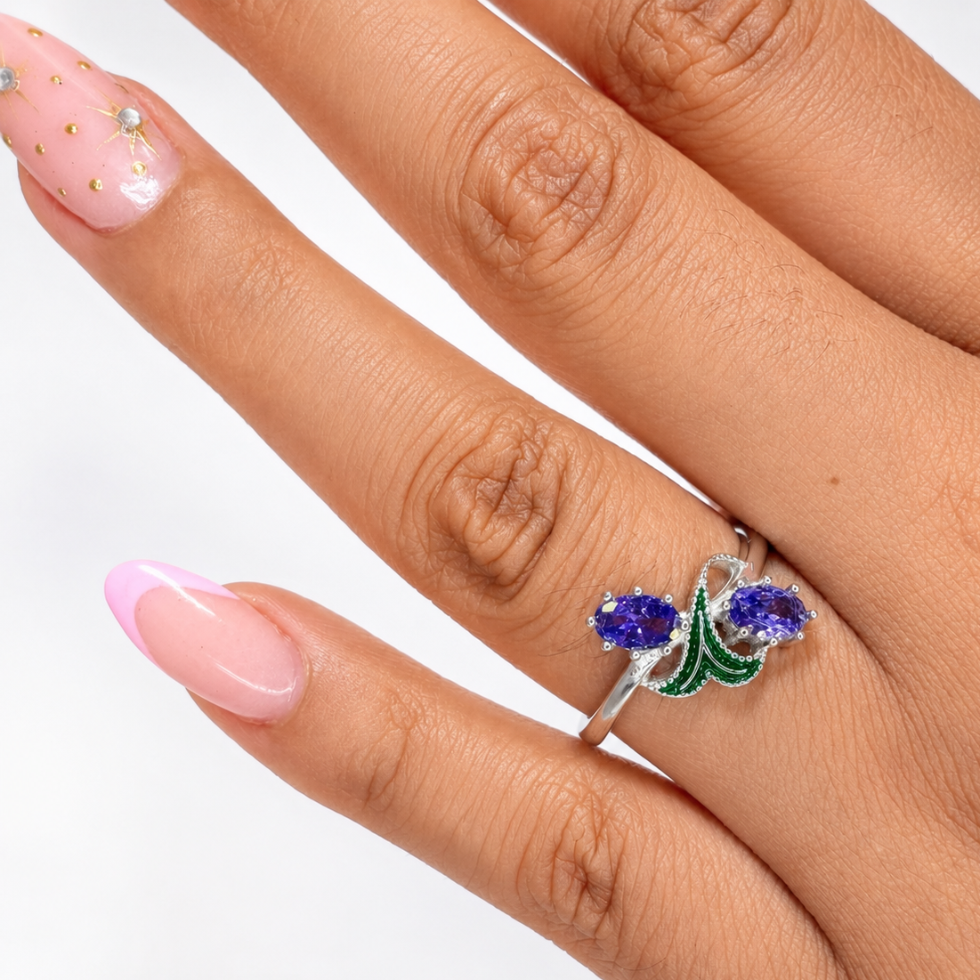 Anillo Circonia Morado Con Esmalte Plata .925 Con Baño De Rodio