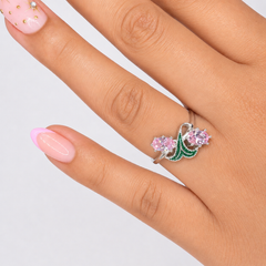 Anillo Circonia Rosa Con Esmalte Plata .925 Con Baño De Rodio