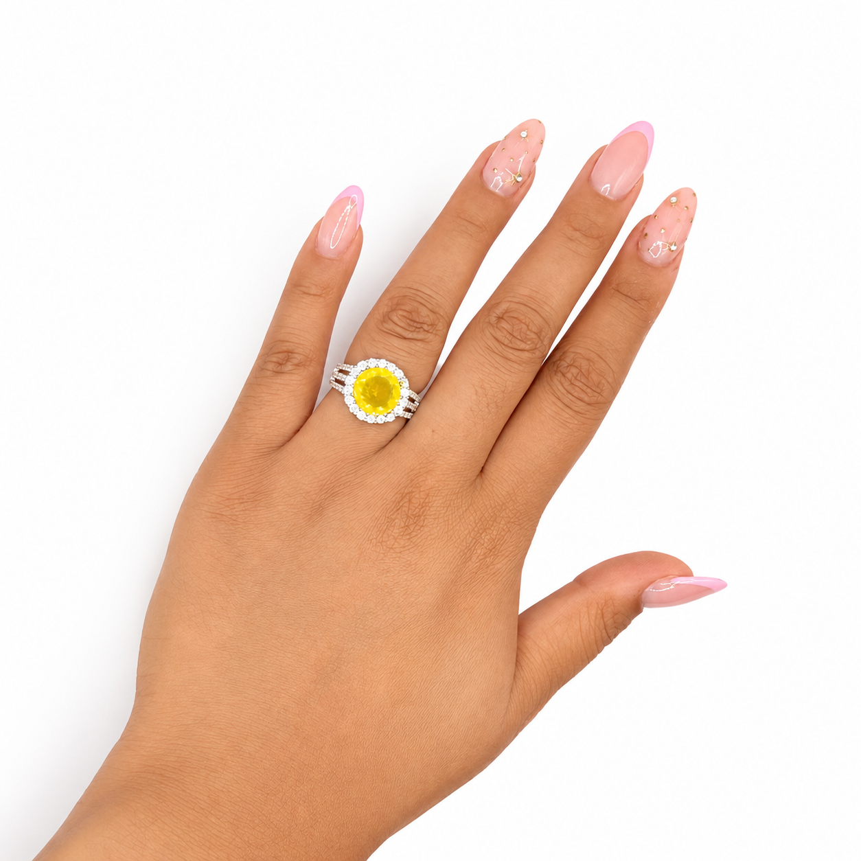 Anillo Circonia Turmalina de Laboratorio Redonda con Micro Circonias Plata .925 con Baño de Rodio