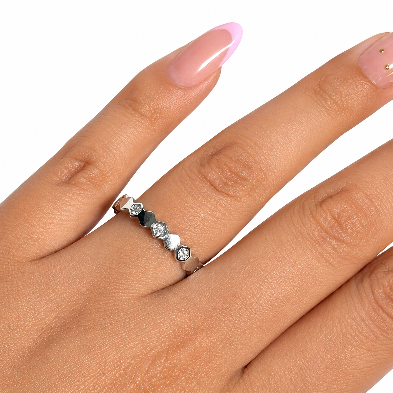 Anillo Churumbela Circonias Hexágono Plata .925 con Baño de Rodio