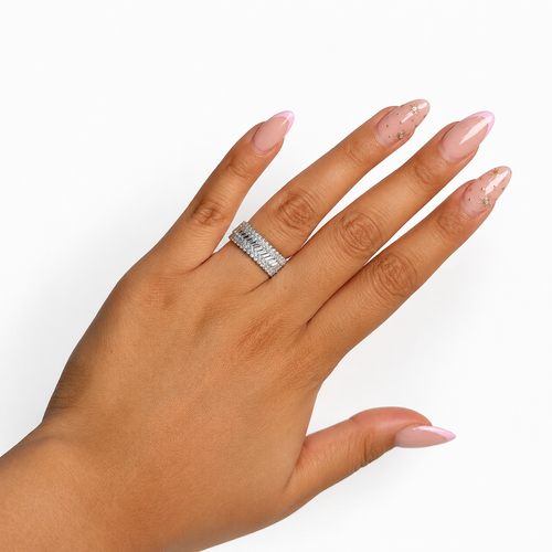 Anillo Ancho Media Churumbela con Circonias Baguette Plata .925 con Baño de Rodio