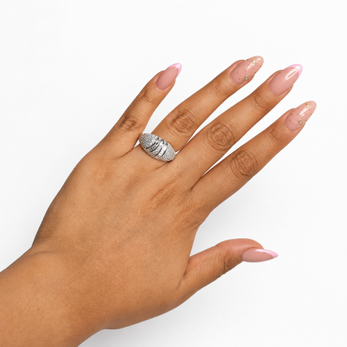 Anillo Ancho con Micro Circonias y Circonias Baguette Plata .925 con Baño de Rodio
