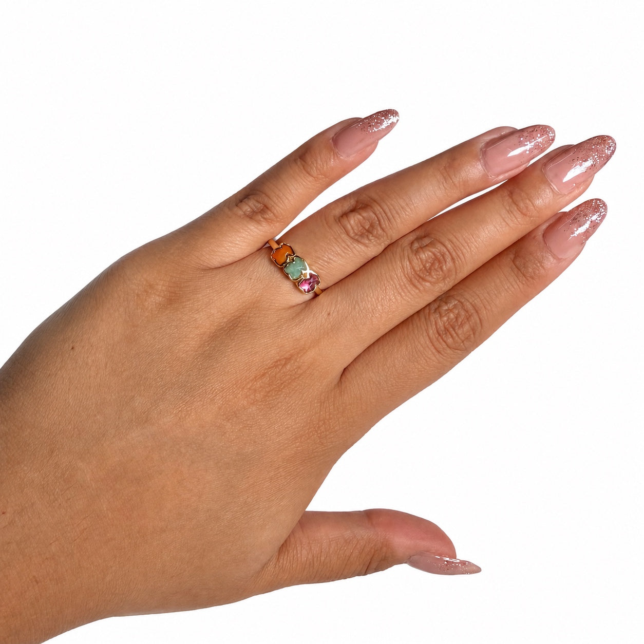 Anillo Triple Osos 1:1 Piedras Naturales Ágatas, Plata .925 con Baño de Oro 18k