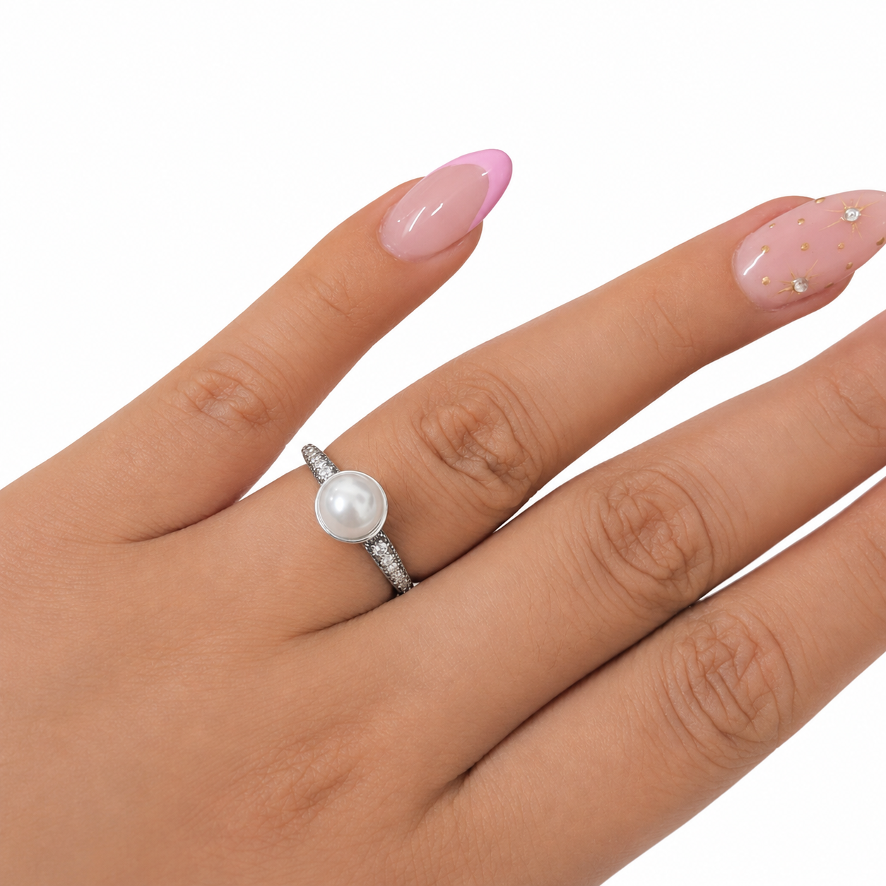 Anillo Pan 1:1 Perla Natural Biselada con Micro Circonias, Plata .925