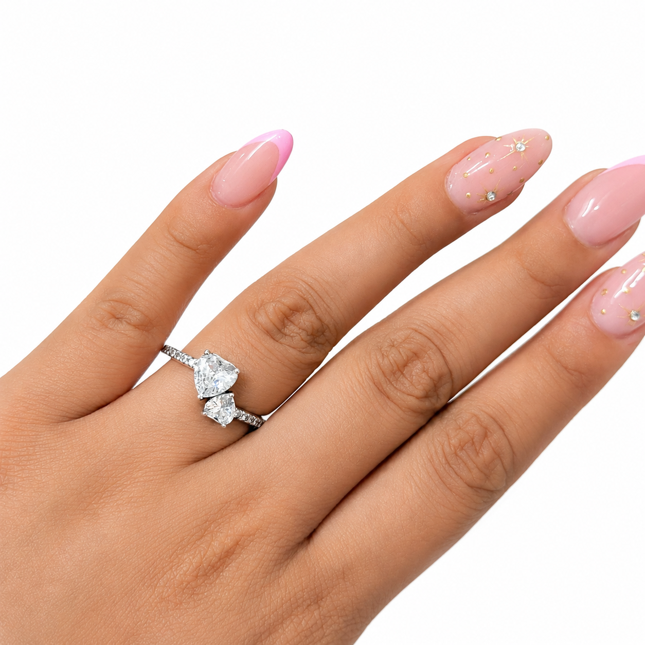 Anillo Pan 1:1 Corazón Doble con Micro Circonias, Plata .925
