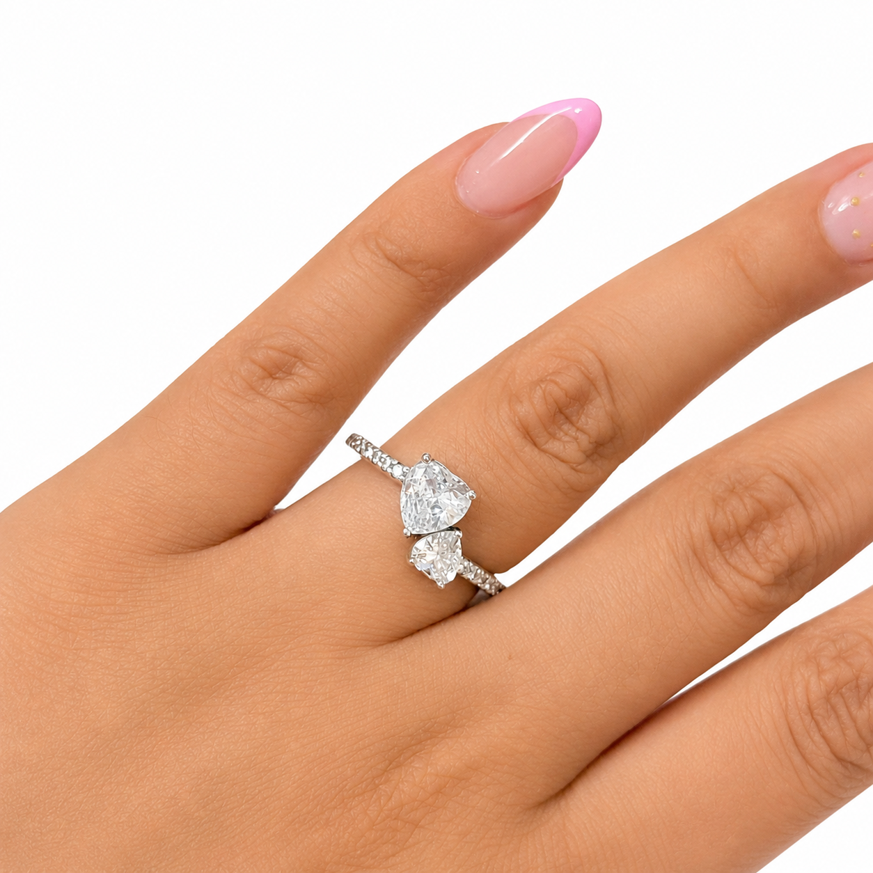 Anillo Pan 1:1 Corazón Doble con Micro Circonias, Plata .925