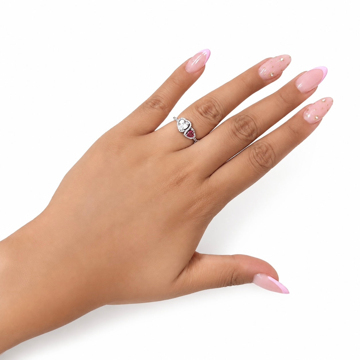Anillo Pan 1:1 Corazón Doble Blanco y Rosa con Micro Circonias, Plata .925