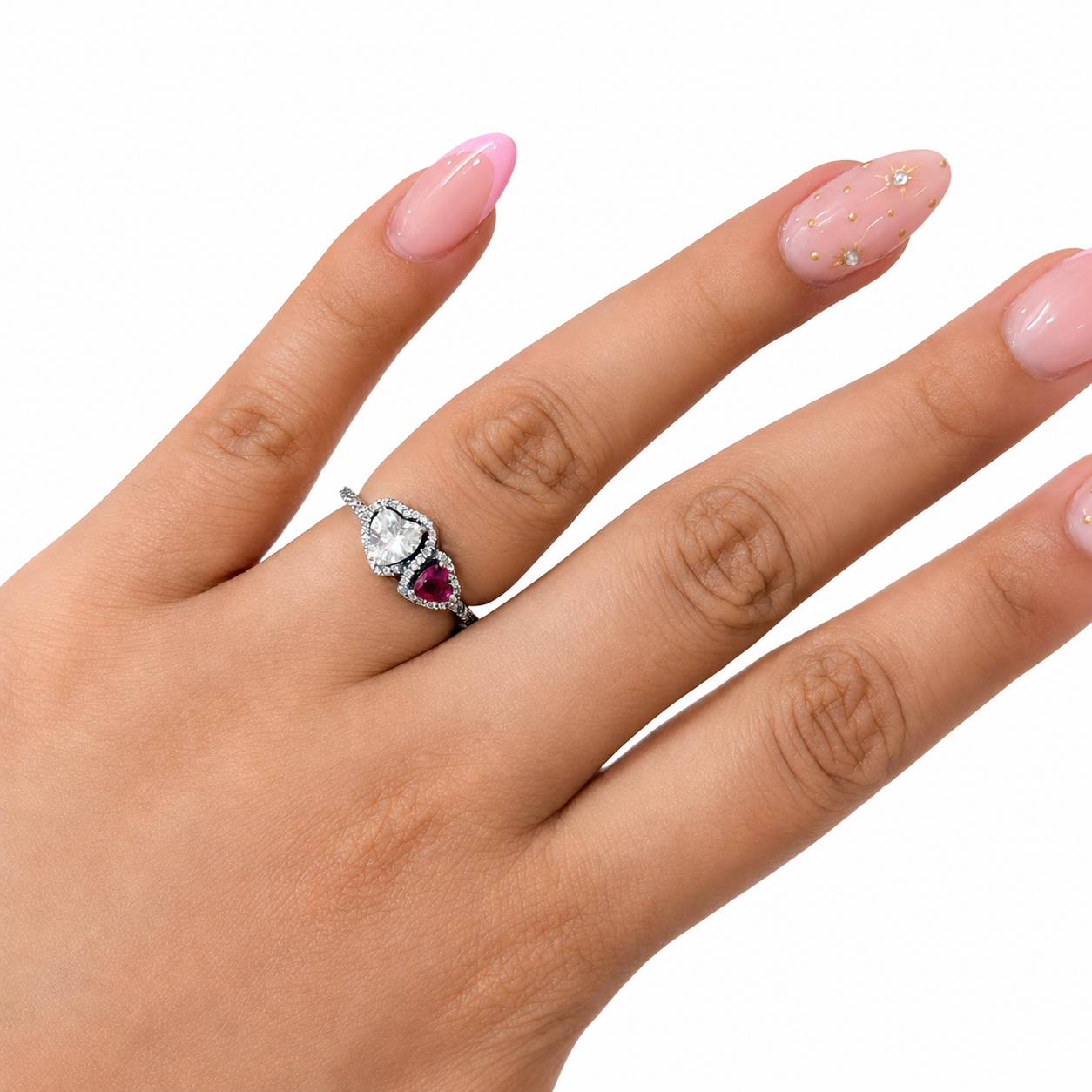 Anillo Pan 1:1 Corazón Doble Blanco y Rosa con Micro Circonias, Plata .925