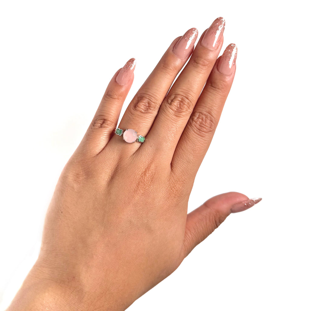 Anillo Osos 1:1 Cuarzo Rosa Facetado y Amazonita Plata .925 con Baño de Rodio