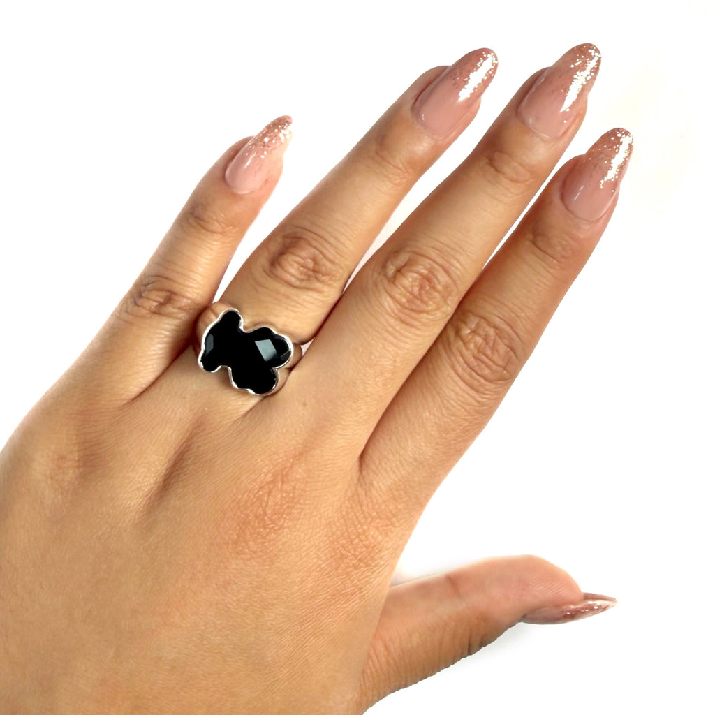 Anillo Osos 1:1 Oso Grande Ónix Facetado Plata .925 con Baño de Rodio