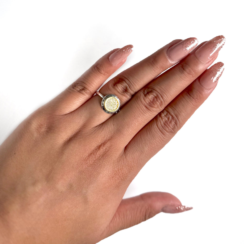 Anillo Inspirado Pan 1.1 Redondo Logotipo Completo con Micro Circonias Plata .925