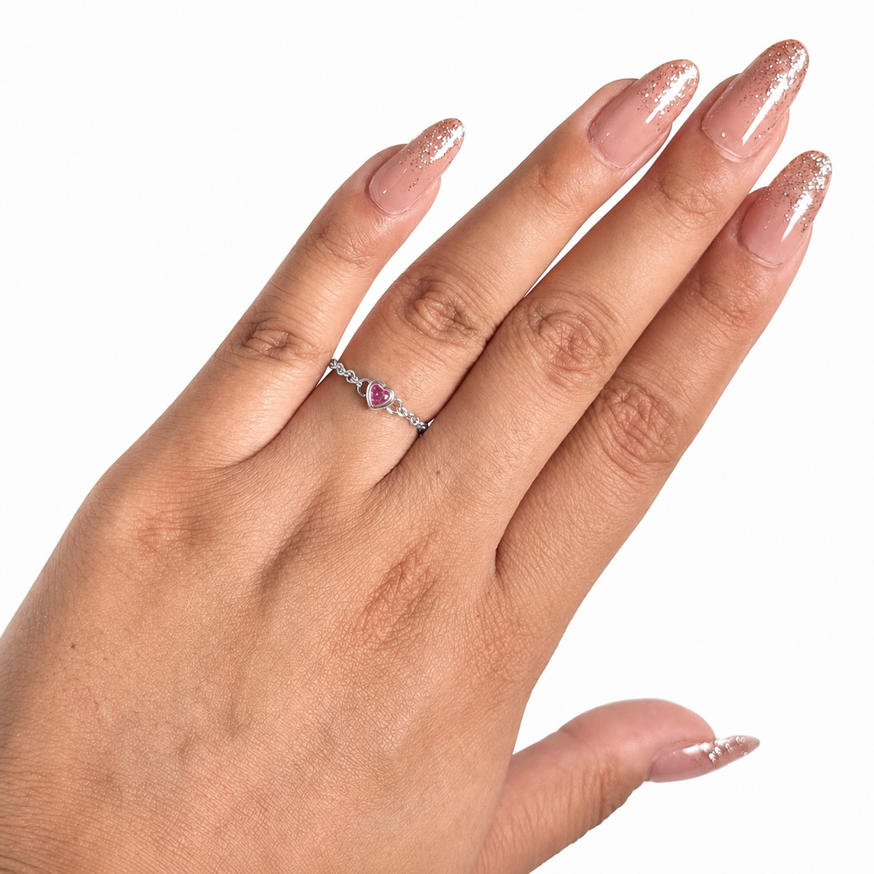 Anillo Inspirado Pan 1:1 Cadena con Circonia Corazon Rosa, Plata .925