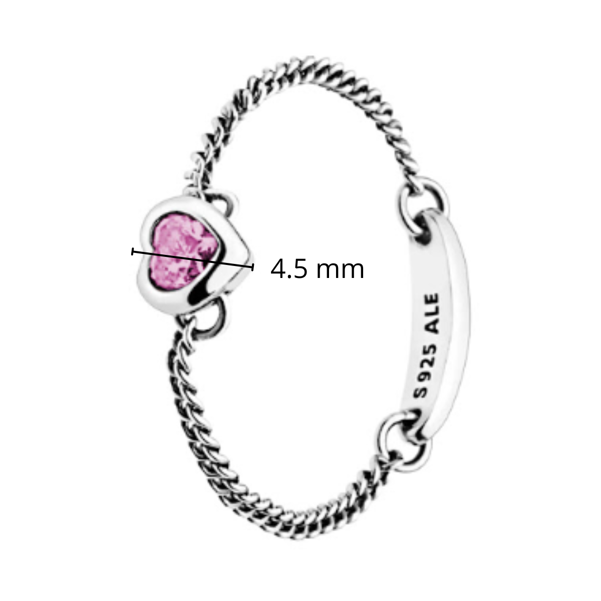 Anillo Inspirado Pan 1:1 Cadena con Circonia Corazon Rosa, Plata .925
